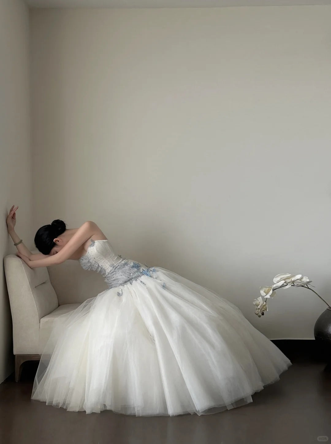 Dreamy White And Blue Gradient A-Line Strapless Tulle Long Prom Dress Wedding Dress Secondary image