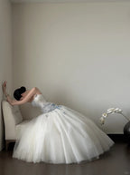 Dreamy White And Blue Gradient A-Line Strapless Tulle Long Prom Dress Wedding Dress