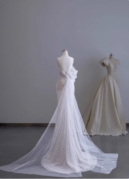 Dreamy White Mermaid Spaghetti Strap Open Back Tulle Train Prom Dress Evening Dress Secondary image
