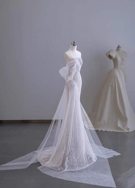 Dreamy White Mermaid Spaghetti Strap Open Back Tulle Train Prom Dress Evening Dress