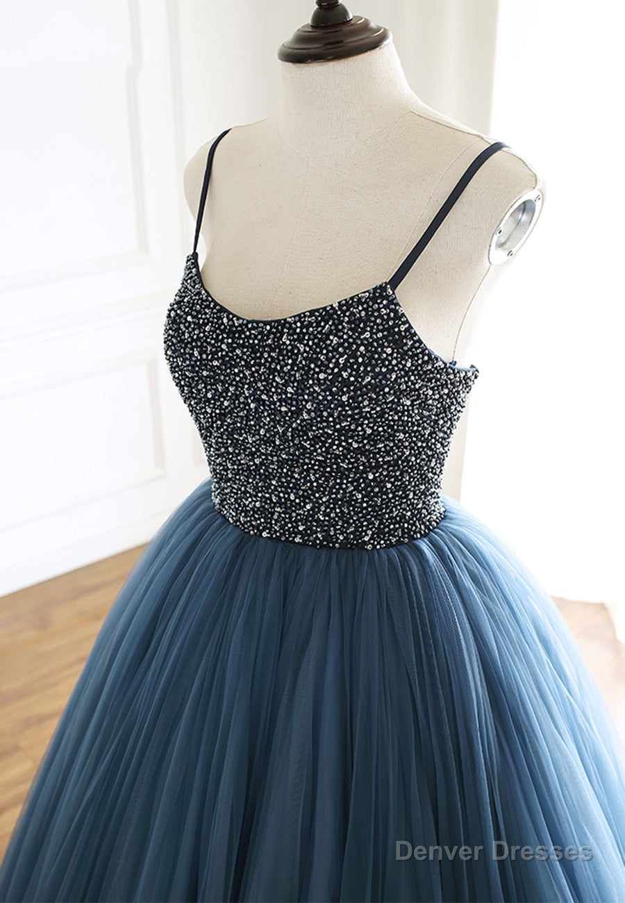 Blue Tulle Long Prom Dresses, A-Line Evening Dresses with Beading Secondary image