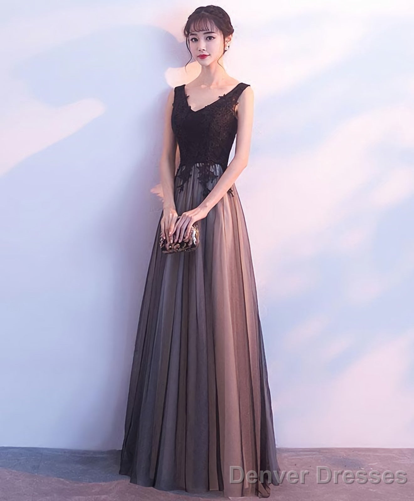 Black Tulle V Neck Long Prom Dress Black Evening Dress