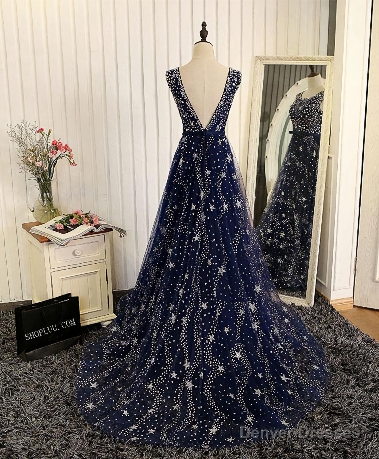 Blue Beaded Sequins Long Prom Dress, Blue Evening Dress Main image