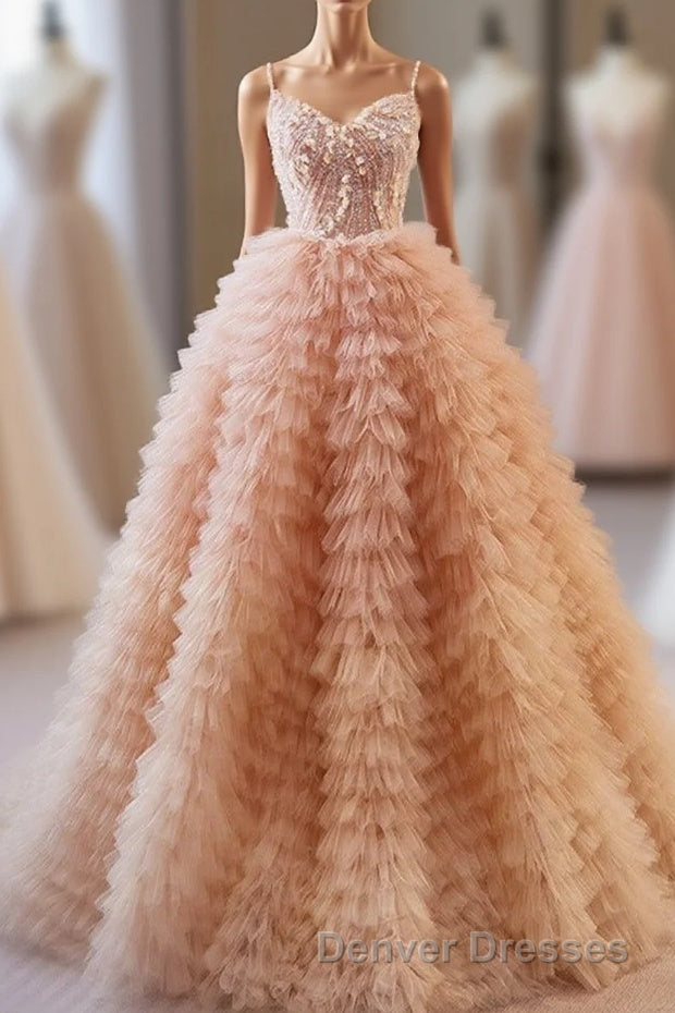 Unique V Neck Tulle Sequin Orange Pink Long Prom Dress, Orange Pink Sweet 16 Dress Main image