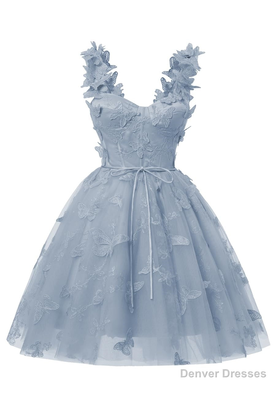 Dusty Blue 3D Butterfly Lace Applique Tulle Homecoming Dress for Teens Sweetheart Mini Short Prom Dresses Main image