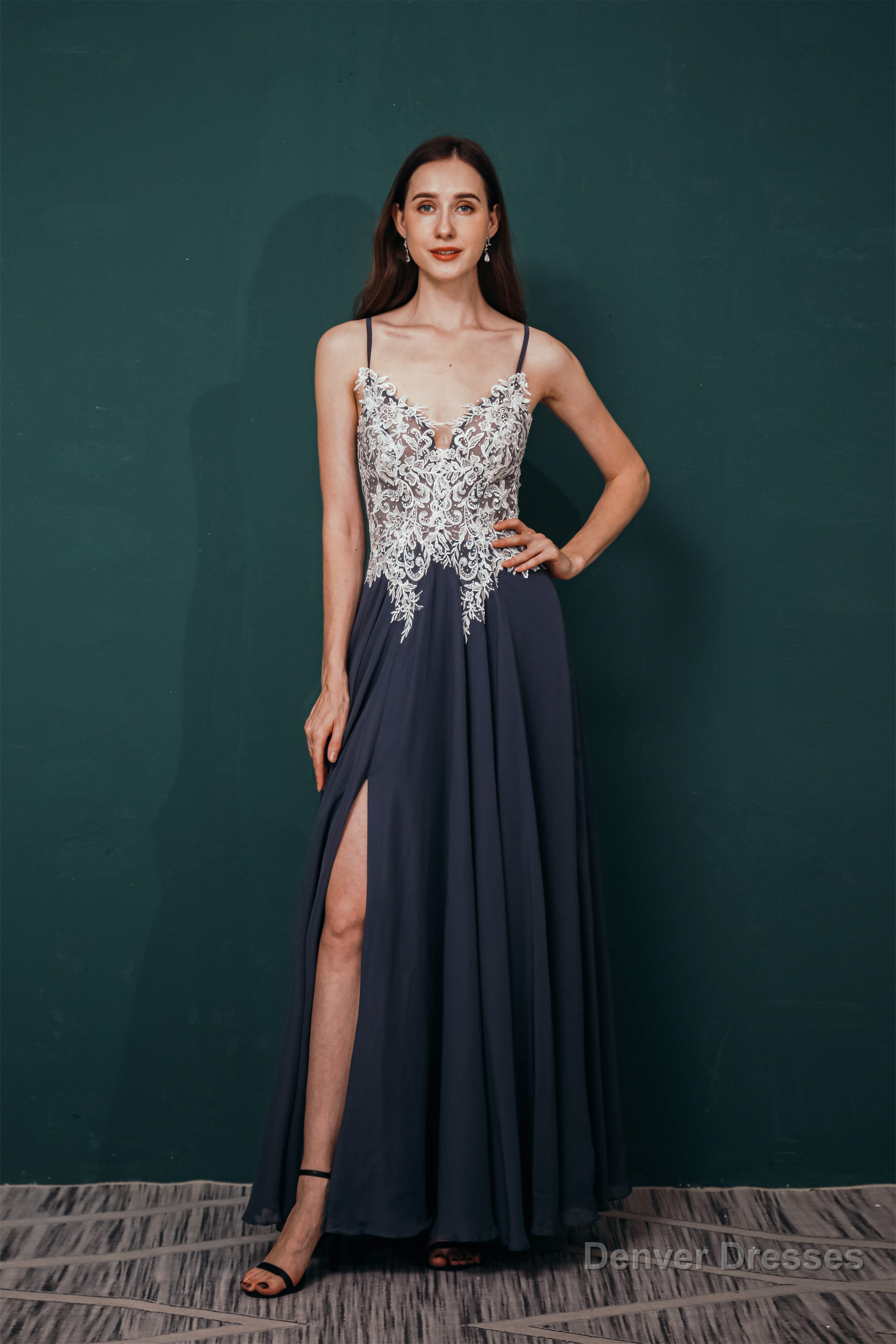 A-line Spaghetti Straps Side Split Long Prom Dresses Main image