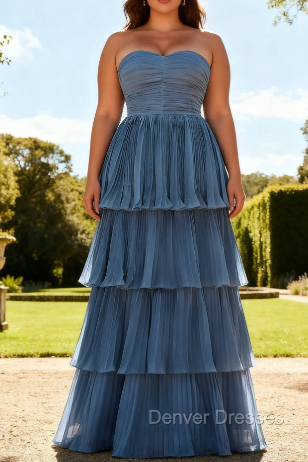 Dusty Blue A-Line Strapless Pleated Tiered Long Bridesmaid Dress