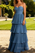 Dusty Blue A-Line Strapless Pleated Tiered Long Bridesmaid Dress