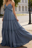 Dusty Blue A-line V Neck Sleeveless Floor-Length Chiffon Prom Dress Long Prom Dresses Backless with Pleated Ruffles
