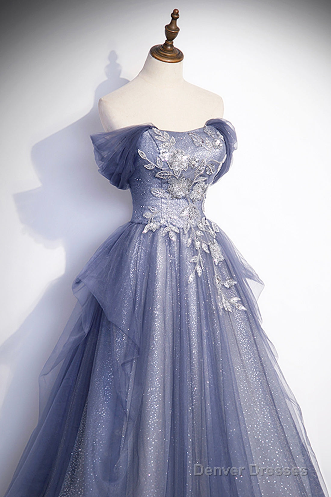 Dusty Blue Off The Shoulder Lace Long Prom Dress, A-Line Shiny Tulle Evening Dress
