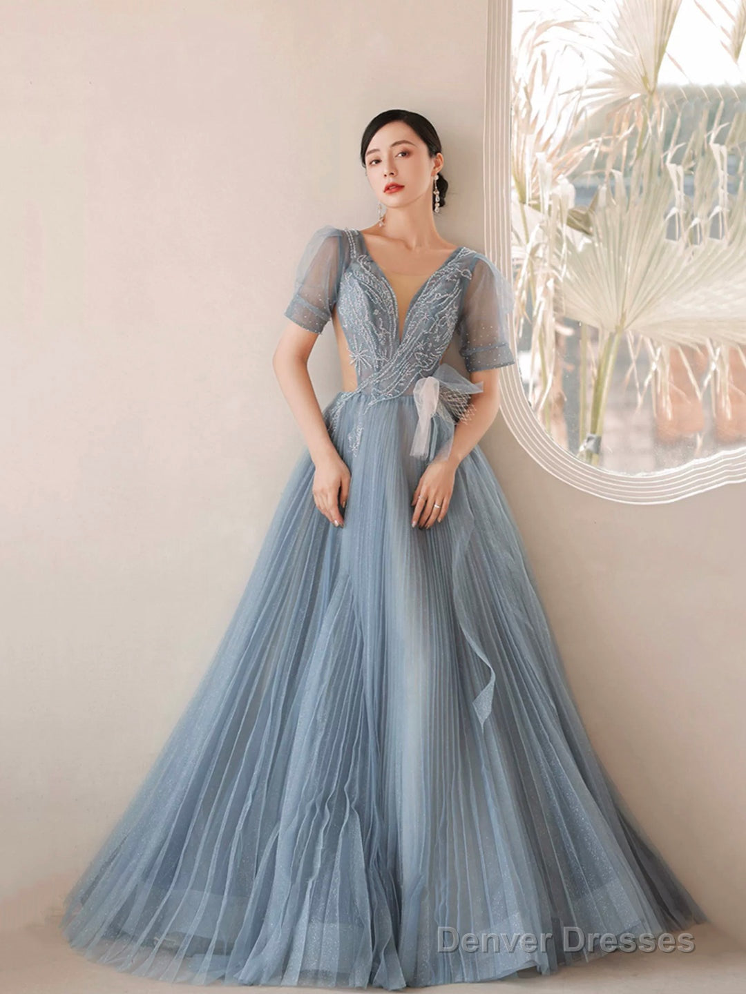 Dusty Blue Pleated Tulle Floor Length Prom Dress, Beautiful Short Sleeve Evening Party Dress Secondary image