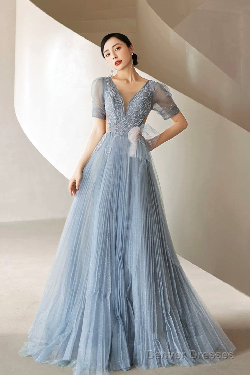 Dusty Blue Pleated Tulle Floor Length Prom Dress, Beautiful Short Sleeve Evening Party Dress