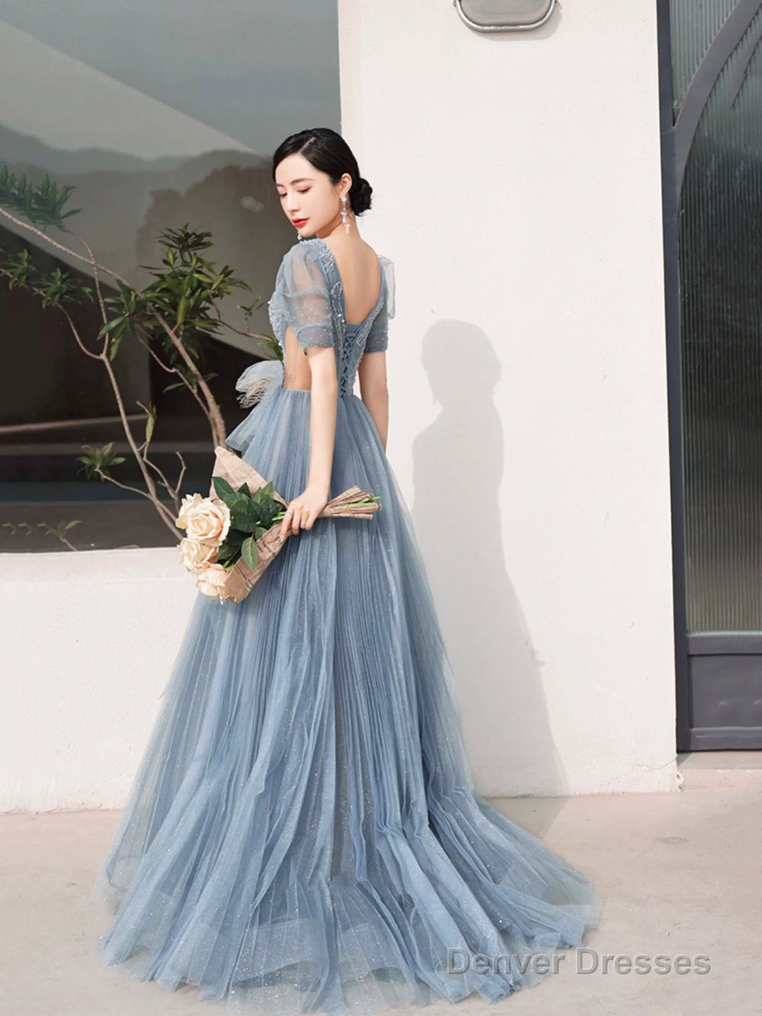 Dusty Blue Pleated Tulle Floor Length Prom Dress, Beautiful Short Sleeve Evening Party Dress