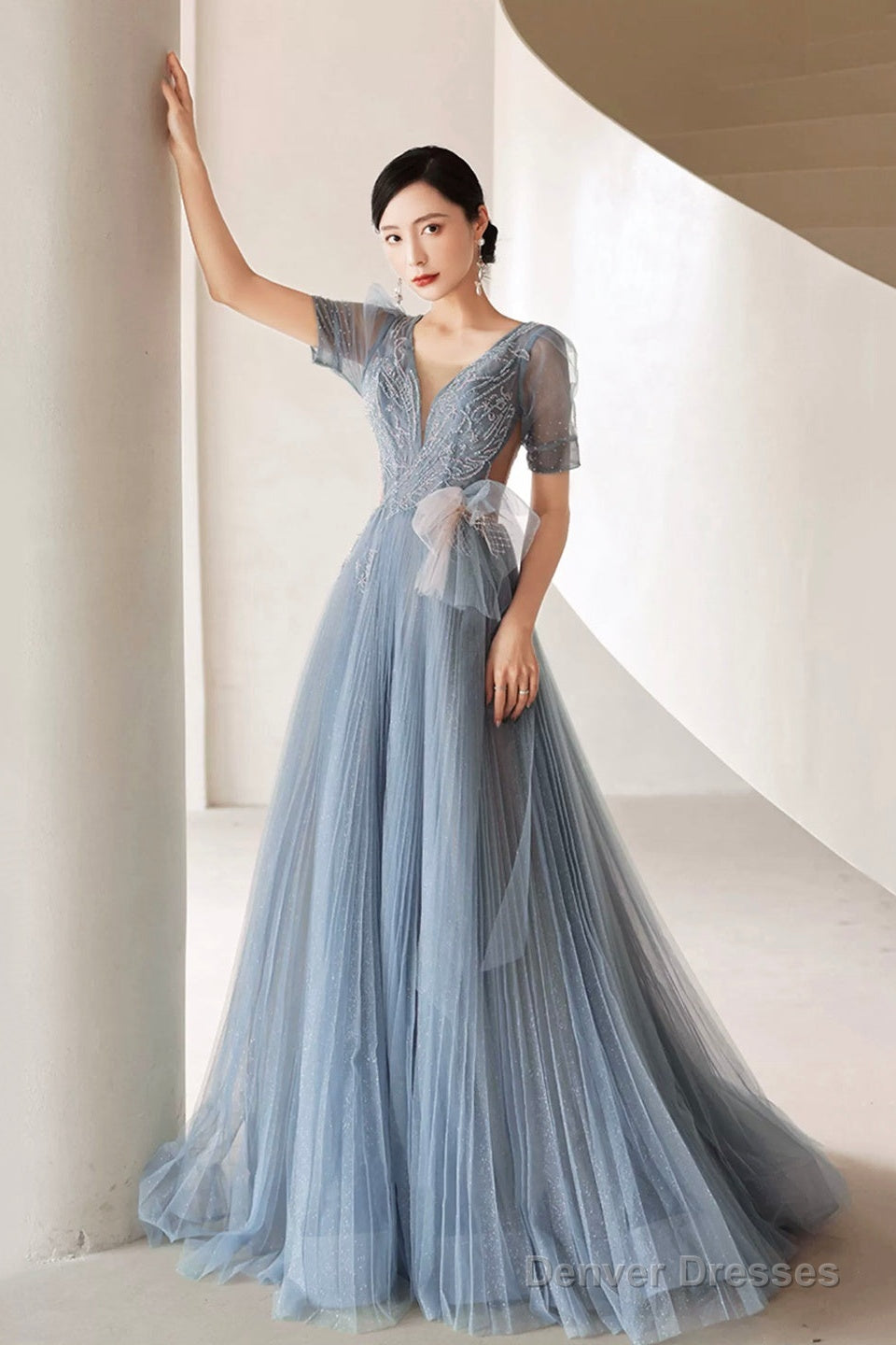 Dusty Blue Pleated Tulle Floor Length Prom Dress, Beautiful Short Sleeve Evening Party Dress Main image