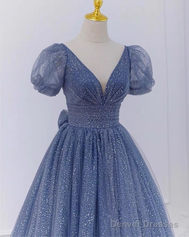 Dusty Blue Princess Sparkly Prom Dresses With Sleeves Secondary image