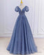 Dusty Blue Princess Sparkly Prom Dresses With Sleeves