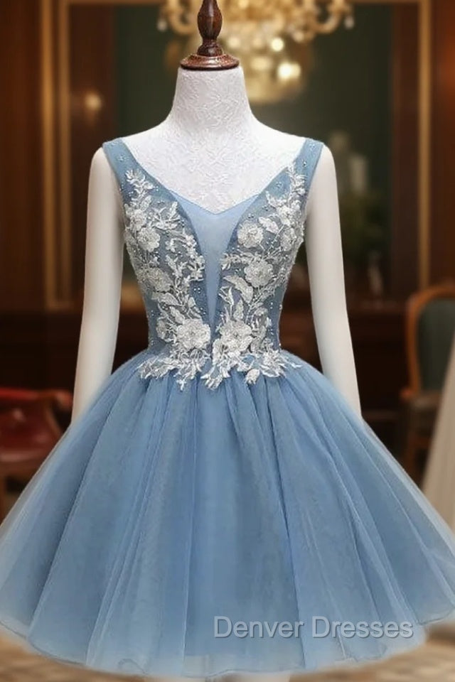 Dusty Blue Princess Tulle Appliqued Homecoming Dress Main image