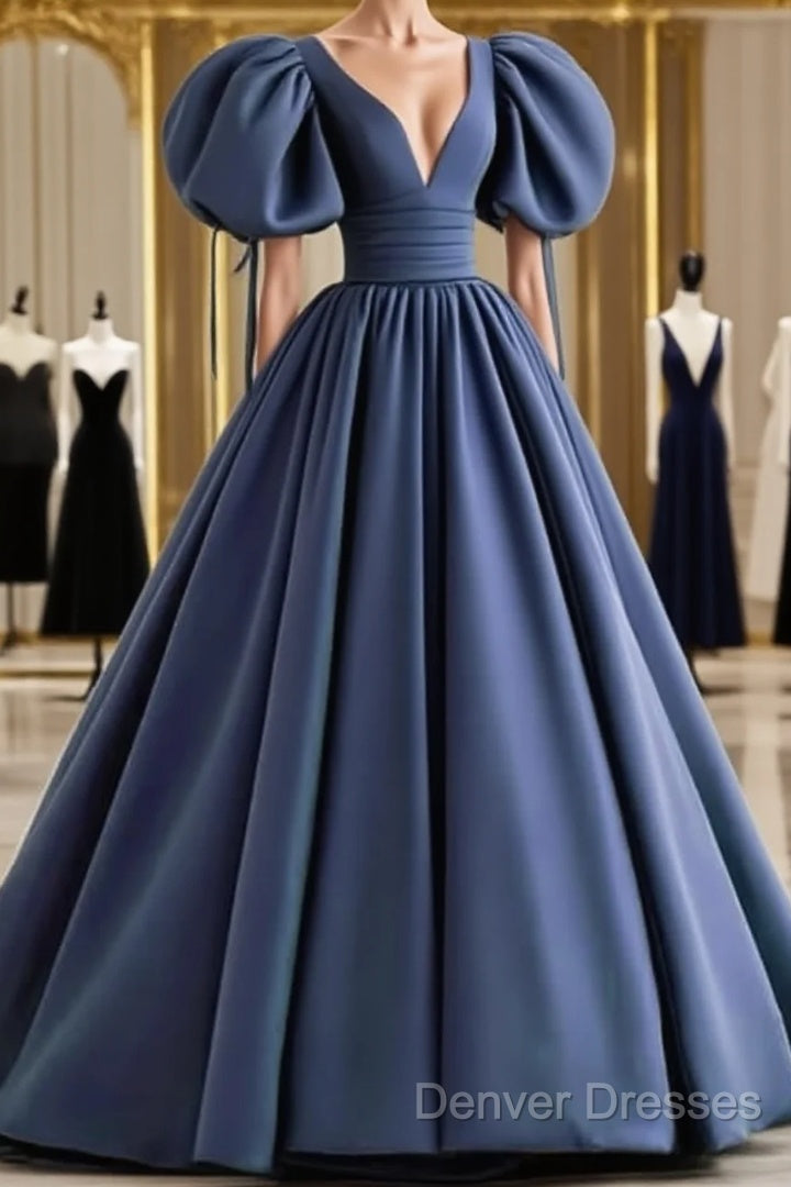 Dusty Blue Prom Dress Puffy Sleeve Satin Ball Gown Main image