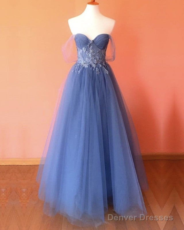 Dusty Blue Prom Dresses Tulle Corset Appliques