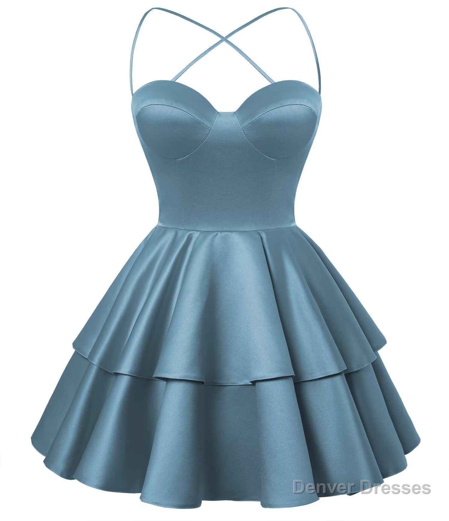Dusty Blue Satin Homecoming Dress Sweetheart Neck Tiered Short Graduation Dresses Main image