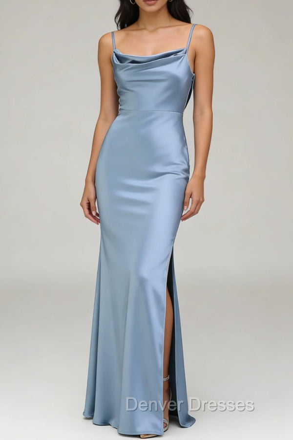 Dusty Blue Sheath Spaghetti Straps Satin Long Bridesmaid Dress Secondary image