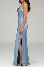 Dusty Blue Sheath Spaghetti Straps Satin Long Bridesmaid Dress