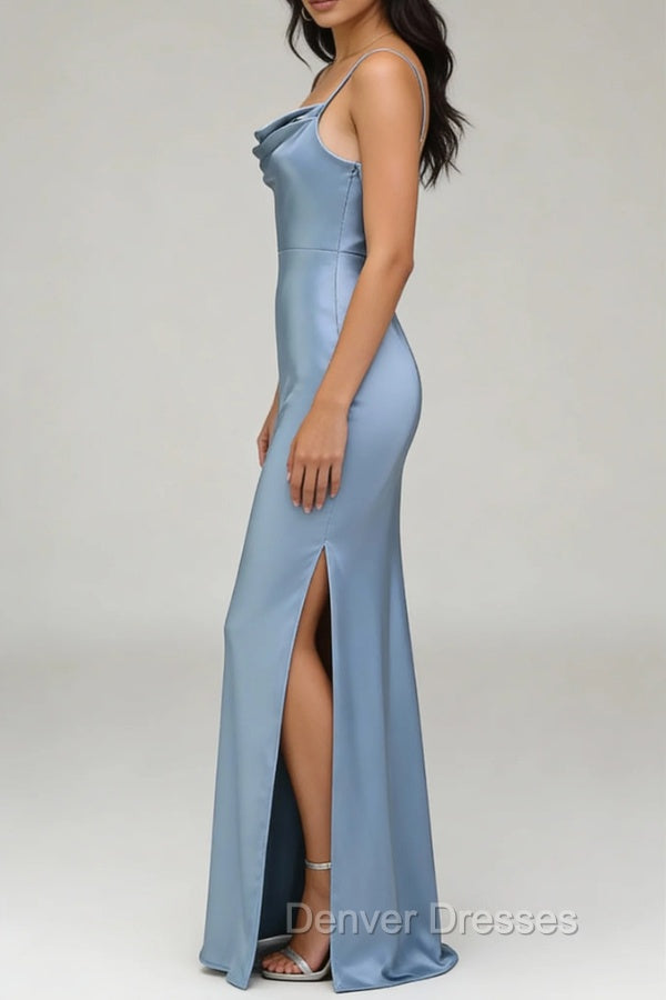 Dusty Blue Sheath Spaghetti Straps Satin Long Bridesmaid Dress