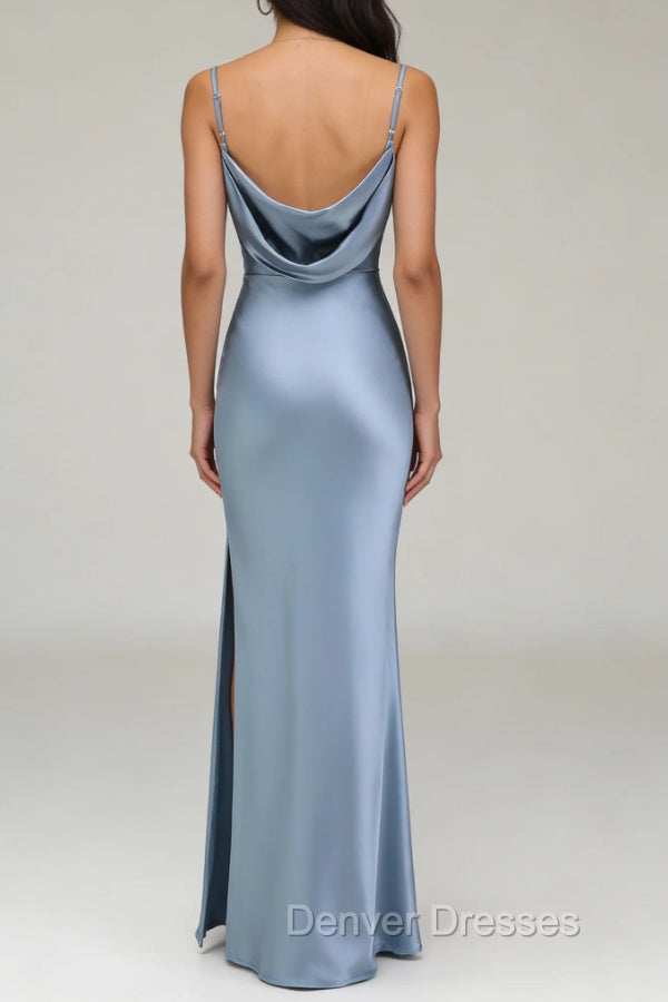 Dusty Blue Sheath Spaghetti Straps Satin Long Bridesmaid Dress
