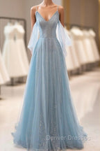 Dusty Blue Sparkly Tulle Long Prom Dress, A-Line Spaghetti Strap Evening Dress