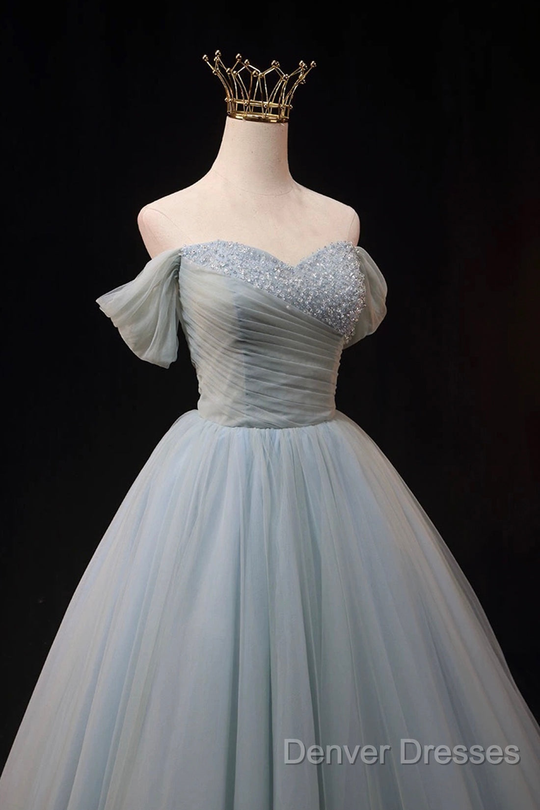 Dusty Blue Tulle Beaded Floor Length Formal Dress, Off The Shoulder A-Line Evening Party Dress Secondary image