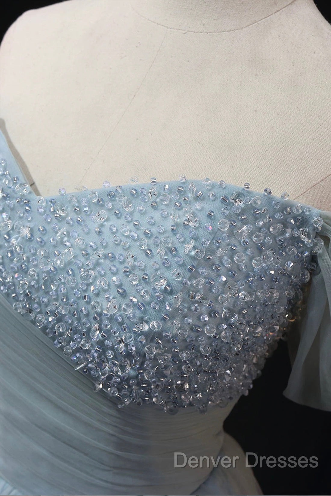 Dusty Blue Tulle Beaded Floor Length Formal Dress, Off The Shoulder A-Line Evening Party Dress