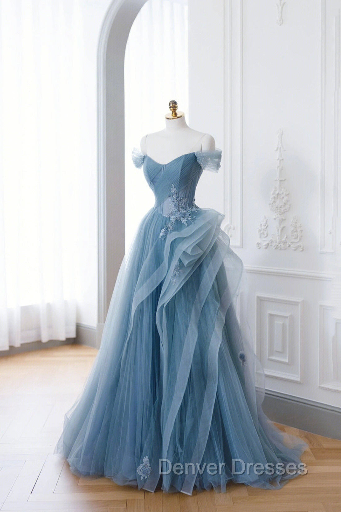 Dusty Blue Tulle Floor Length Prom Dress, Blue Off the Shoulder Removable Sleeve Evening Dress Main image