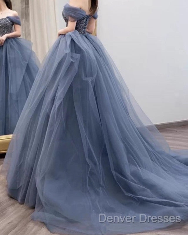 Dusty Blue Tulle Prom Dress Off Shoulder Secondary image