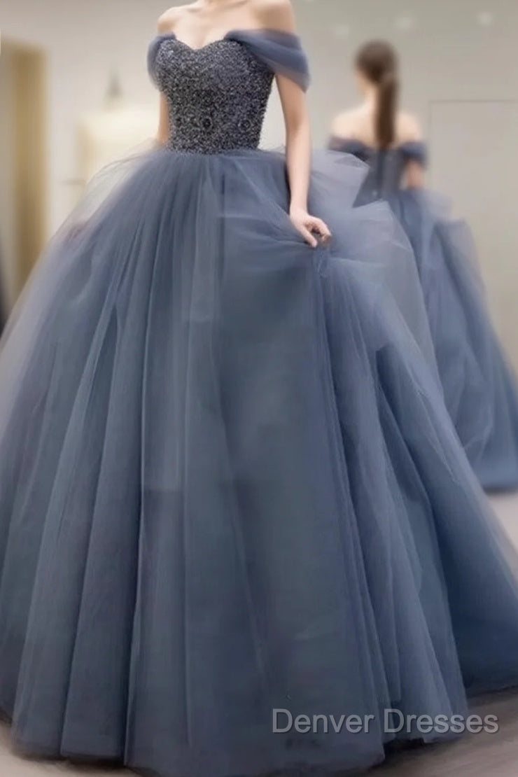 Dusty Blue Tulle Prom Dress Off Shoulder Main image