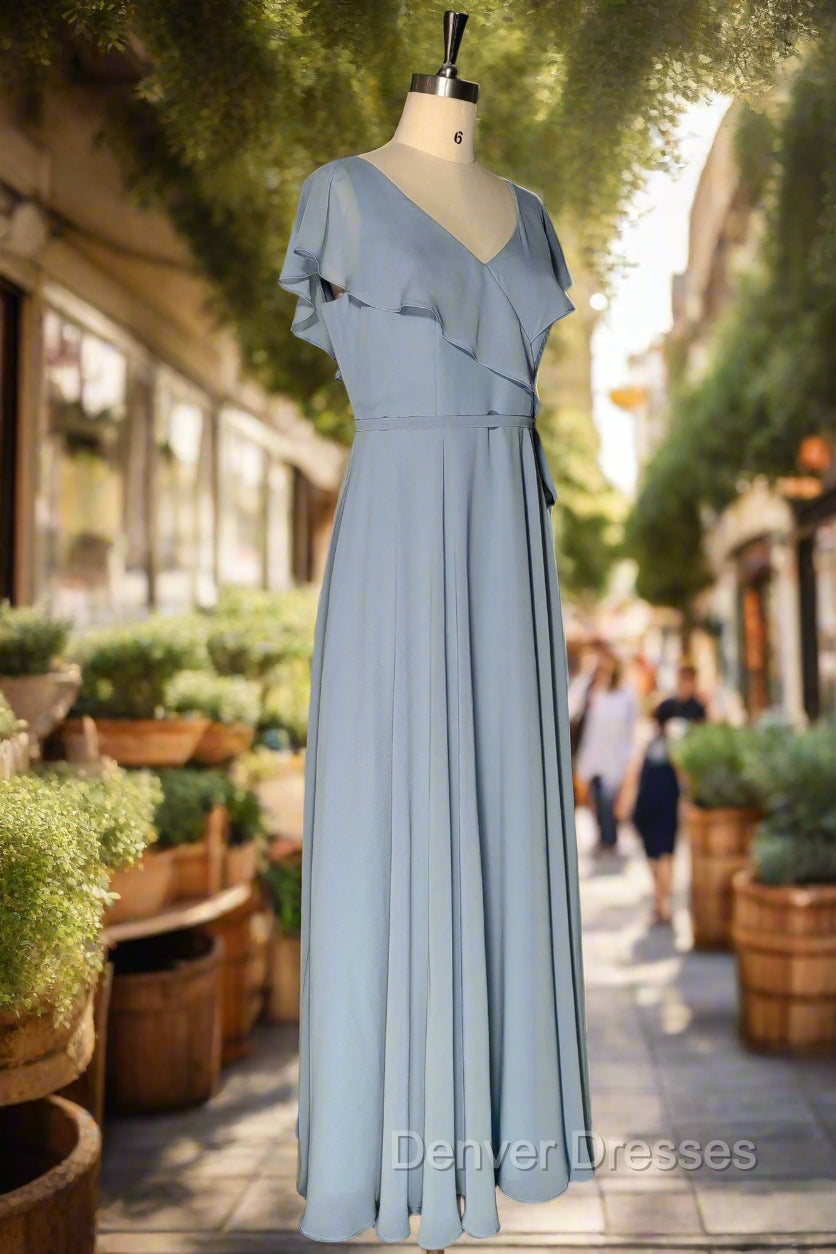 Dusty Blue V-Neck Chiffon Bridesmaid Dress Backless Ruffled Split for Teens A-Line Long Bridesmaid Dress Secondary image