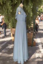 Dusty Blue V-Neck Chiffon Bridesmaid Dress Backless Ruffled Split for Teens A-Line Long Bridesmaid Dress