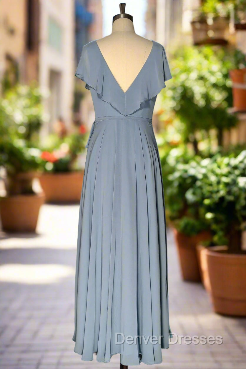 Dusty Blue V-Neck Chiffon Bridesmaid Dress Backless Ruffled Split for Teens A-Line Long Bridesmaid Dress