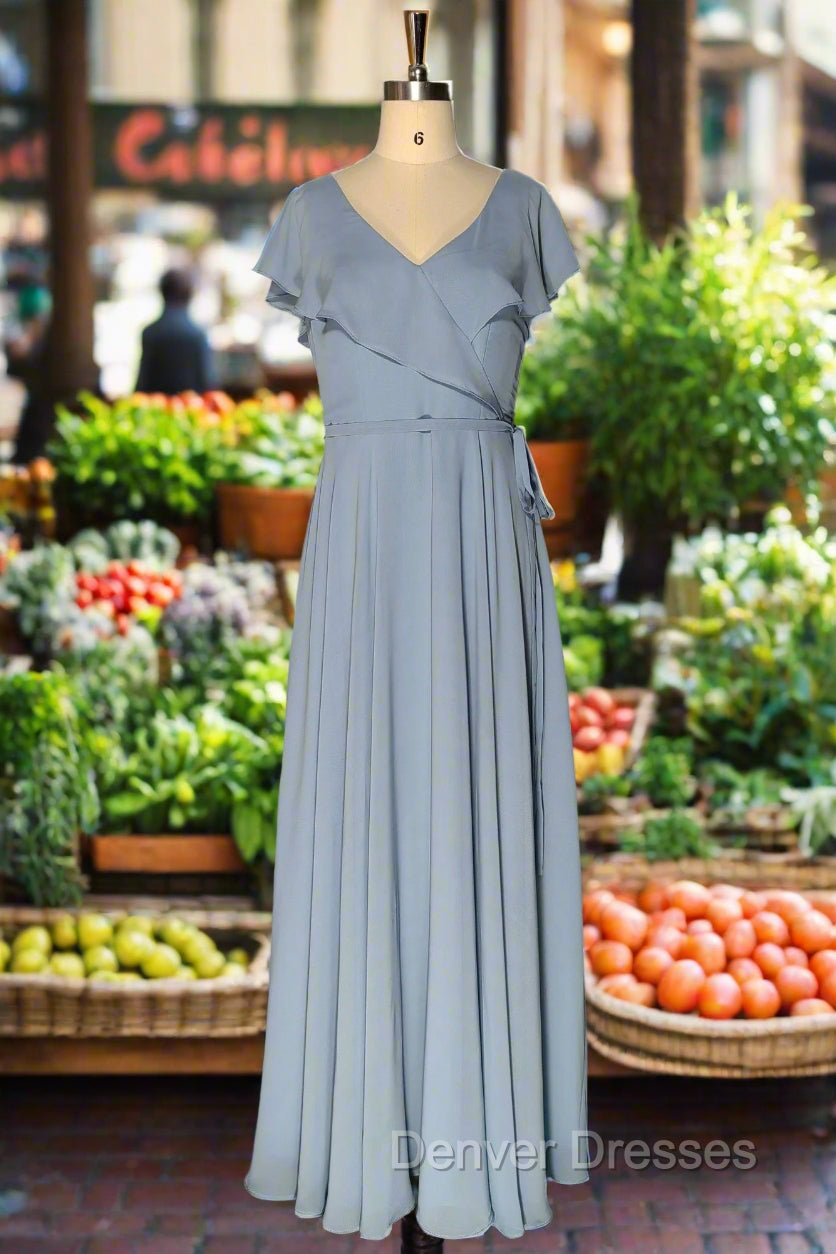 Dusty Blue V-Neck Chiffon Bridesmaid Dress Backless Ruffled Split for Teens A-Line Long Bridesmaid Dress Main image