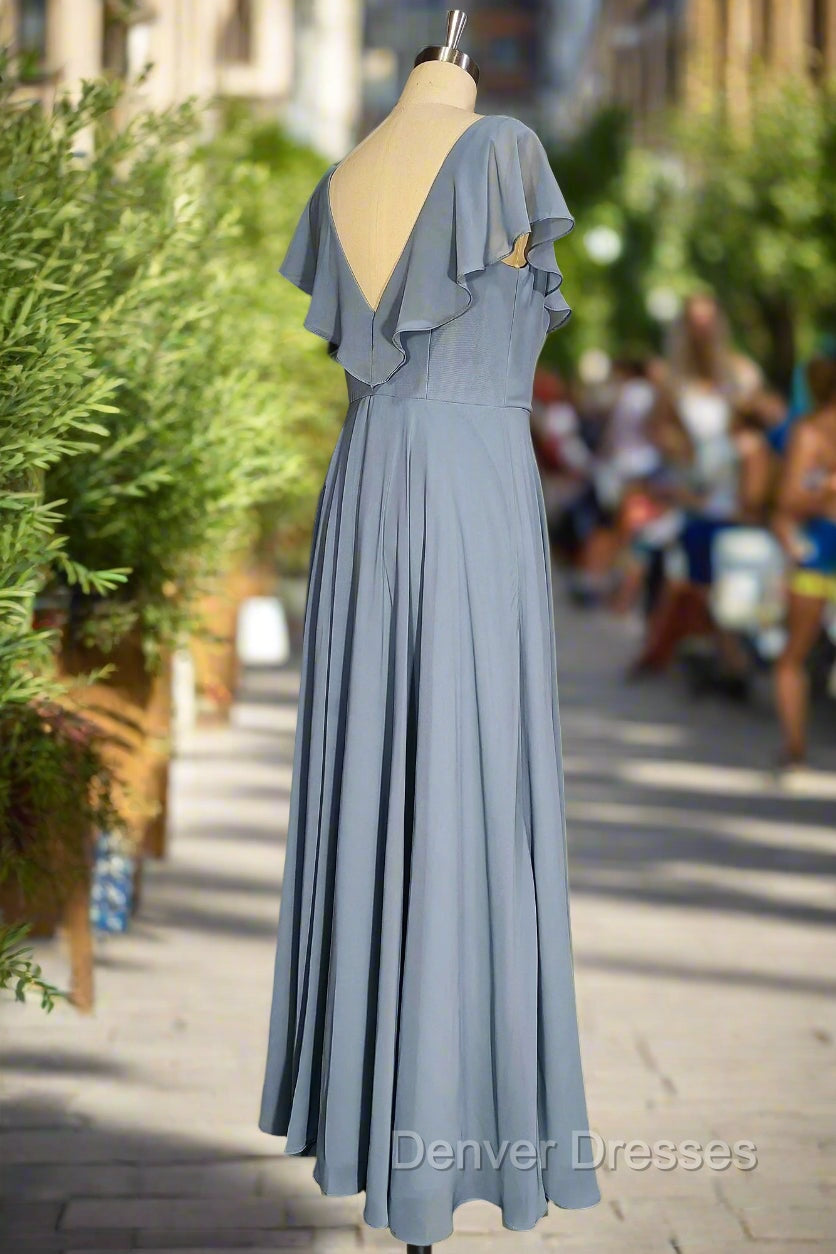 Dusty Blue V-Neck Chiffon Bridesmaid Dress Backless Ruffled Split for Teens A-Line Long Bridesmaid Dress Secondary image