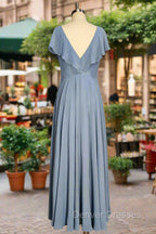 Dusty Blue V-Neck Chiffon Bridesmaid Dress Backless Ruffled Split for Teens A-Line Long Bridesmaid Dress