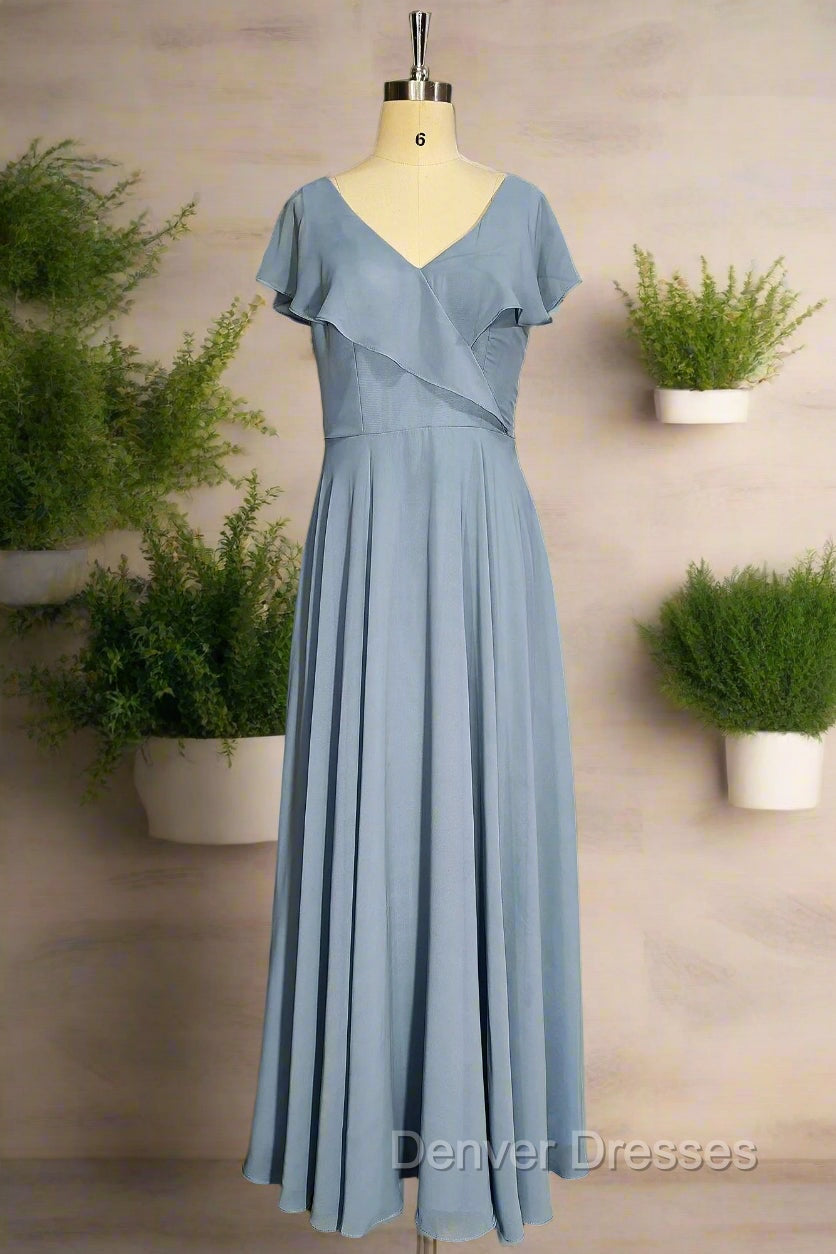 Dusty Blue V-Neck Chiffon Bridesmaid Dress Backless Ruffled Split for Teens A-Line Long Bridesmaid Dress Main image