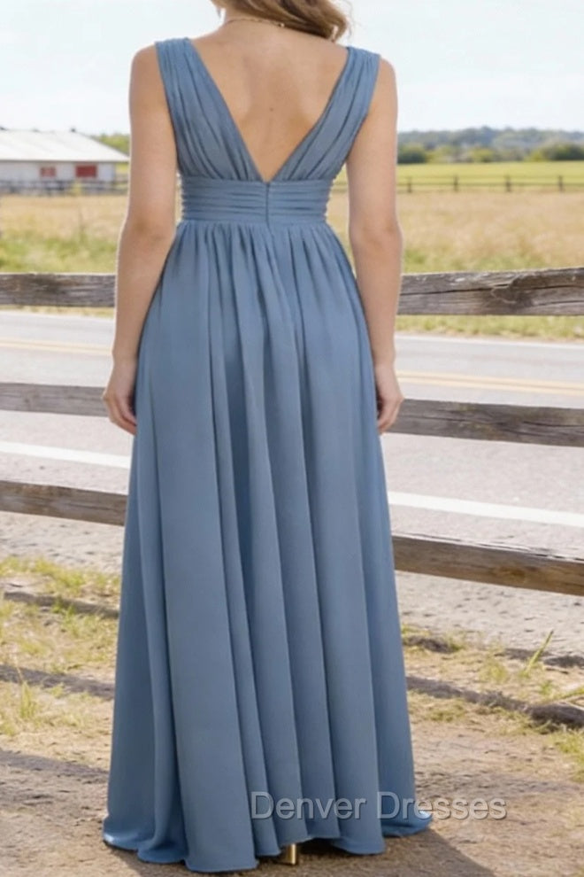 Dusty Blue V Neck Chiffon Floor Length Bridesmaid Dresses Long Bridesmaid Dress With Pleated Split Secondary image