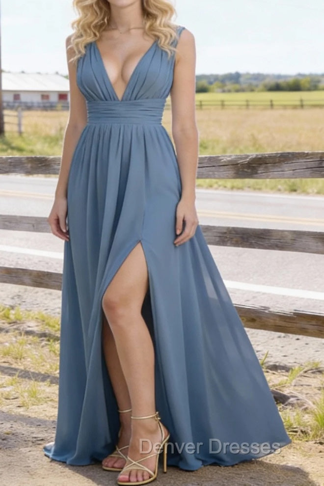 Dusty Blue V Neck Chiffon Floor Length Bridesmaid Dresses Long Bridesmaid Dress With Pleated Split Main image