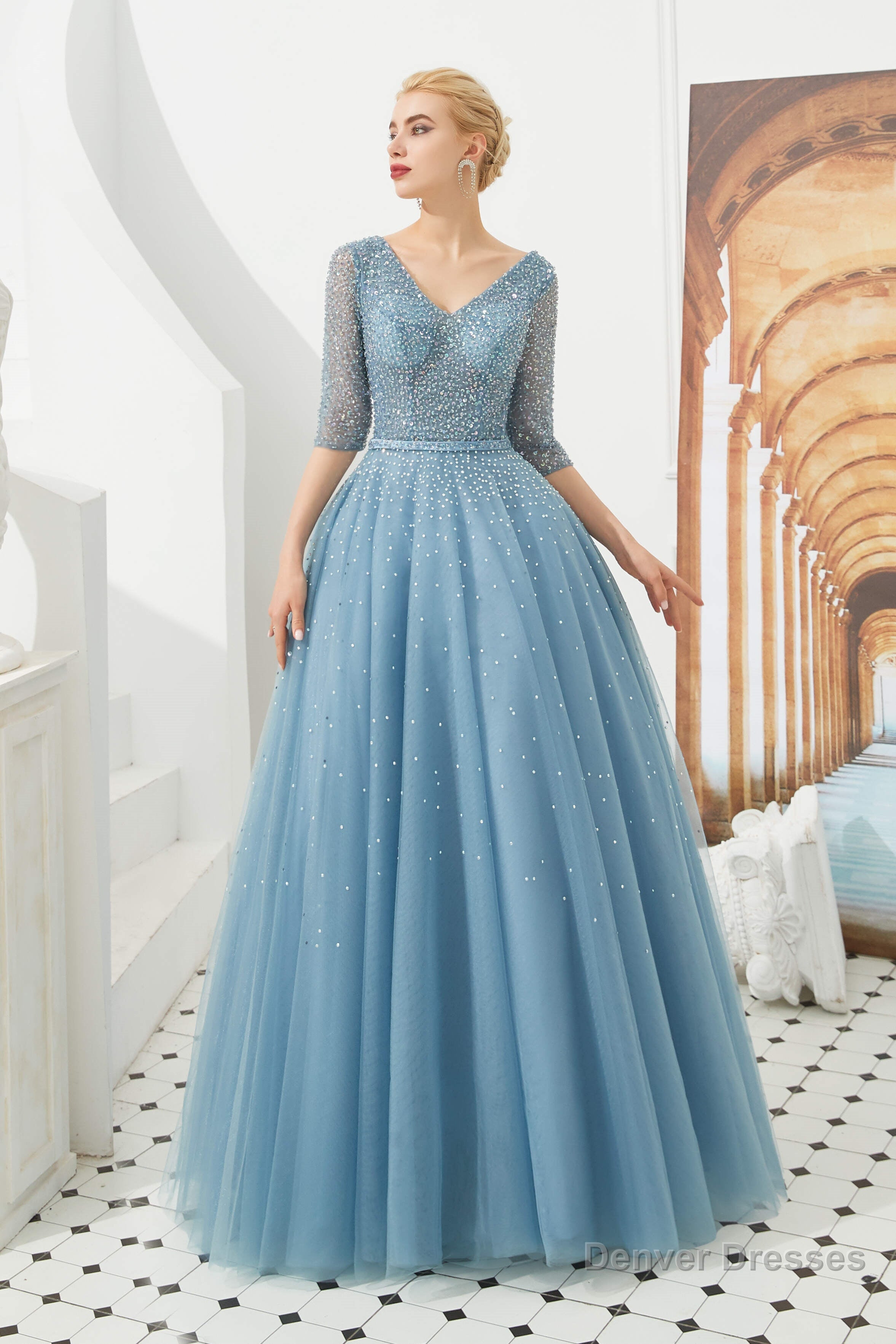 Dusty Blue V-Neck Half-Sleeve Prom Dresses Long With Beadings Lace-up Secondary image