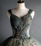 Dusty Green Ball Gown Beaded Tulle Formal Dress, Ball Gown Sweet 16 Dress