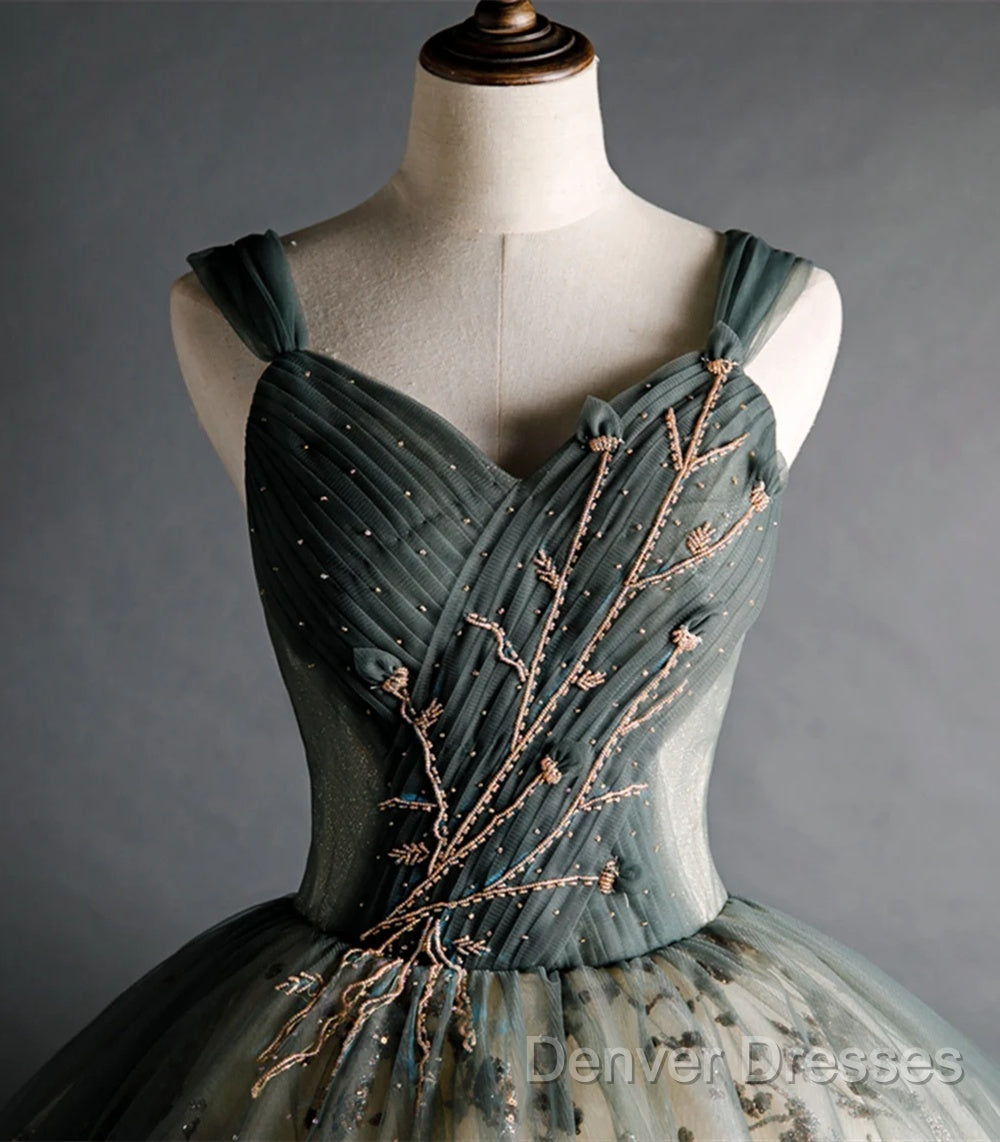 Dusty Green Ball Gown Beaded Tulle Formal Dress, Ball Gown Sweet 16 Dress