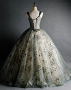 Dusty Green Ball Gown Beaded Tulle Formal Dress, Ball Gown Sweet 16 Dress