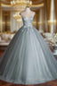 Dusty Green Tulle Floor Length Prom Dress with Lace, Elegant A-Line Formal Evening Dress