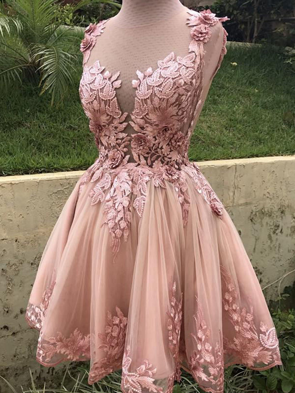 Dusty Pink Illusion Lace Organza A-line Short Homecoming Dress Main image
