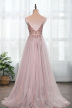Dusty Pink Spaghetti Straps Gorgeous Beading Prom Dress A Line Split Tulle Evening Dress